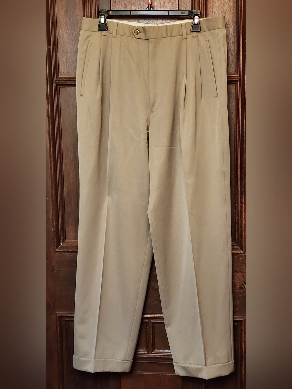 Vintage Bernini Pleated Cuffed Men's Taupe Dress Wool Pants-34/30-Made In Italy